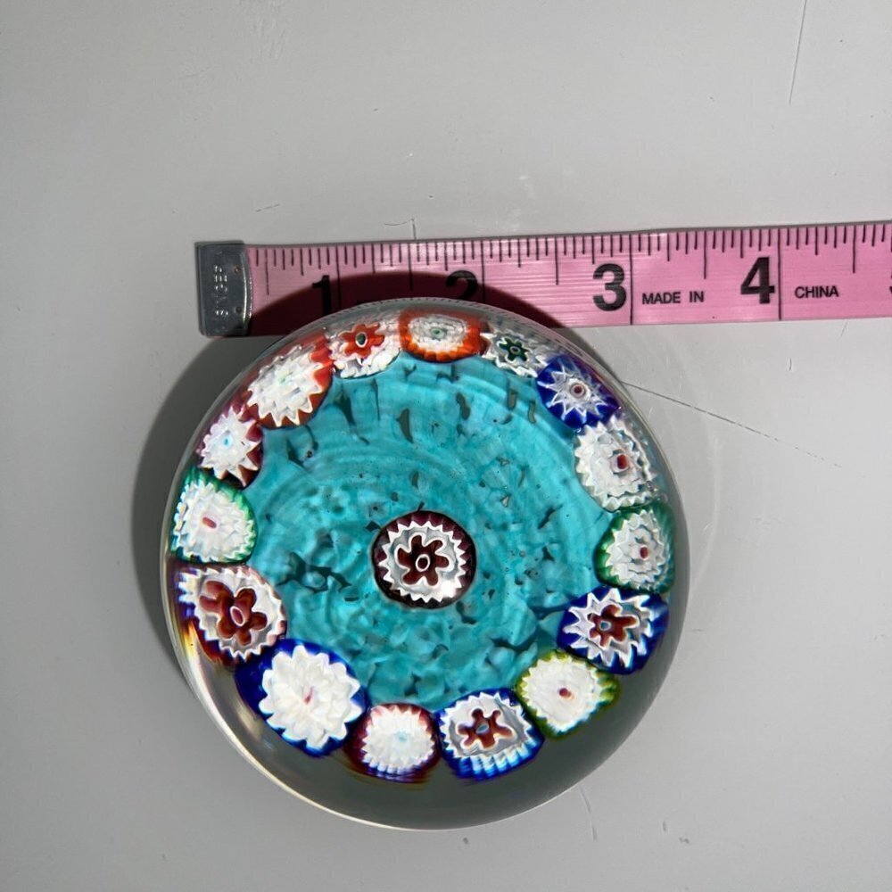 Vintage Millefiori Art Glass Turquoise Multicolor Paperweight Collectible - Picture 6 of 15